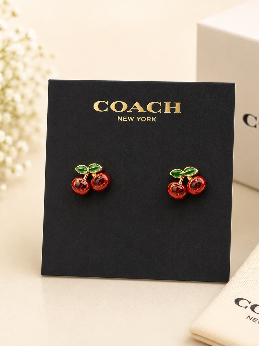 Coach Red Cherry Enamel Stud Earrings with Green Leaves